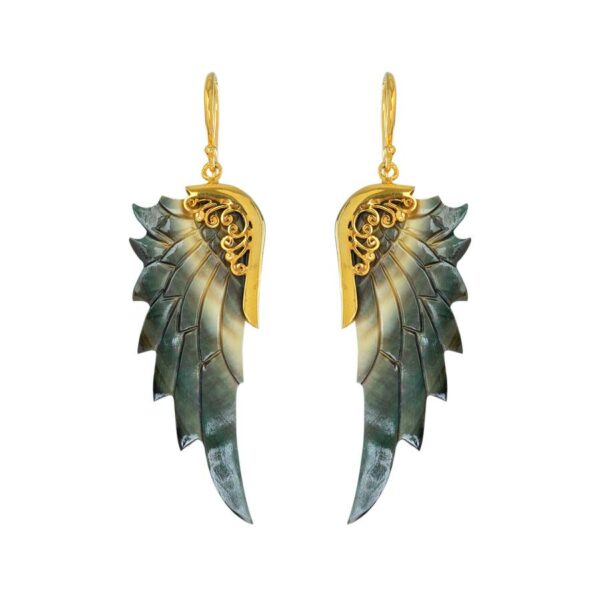Gold angel earrings with dark abelonescale